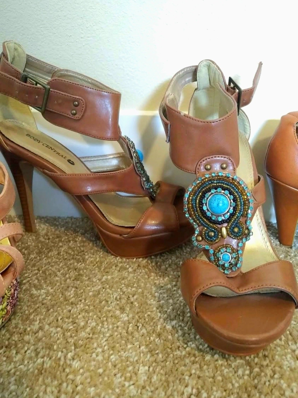 Body Central Brown Heeled Sandals with Turquoise Bead Medallion